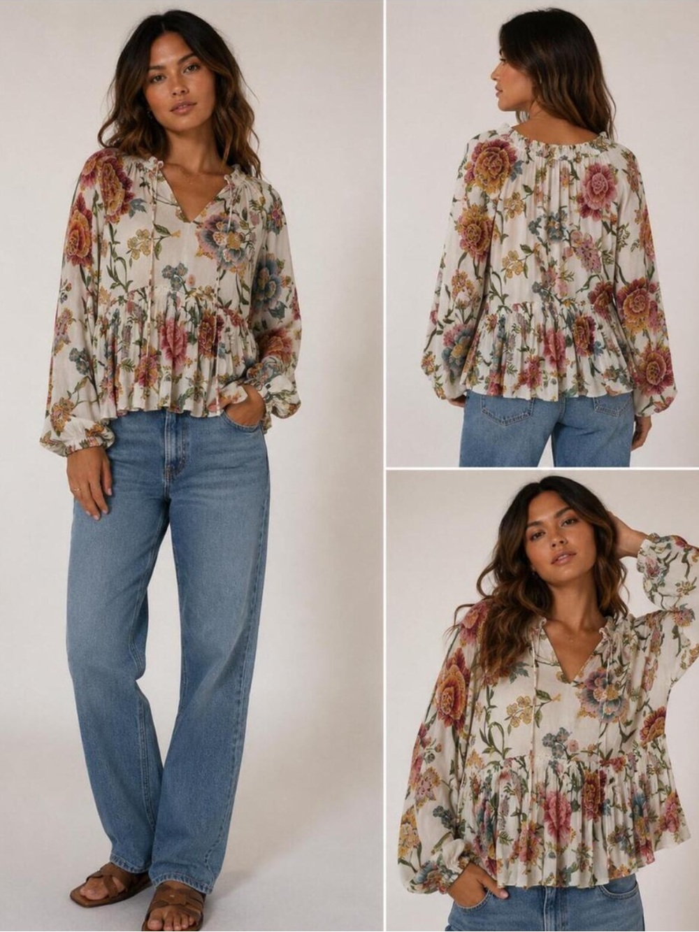 LOFT Floral Poppy Bloom Smocked Tie
Neck Boho Floral Blouse Cottagecore L Petite - Picture 2 of 6
